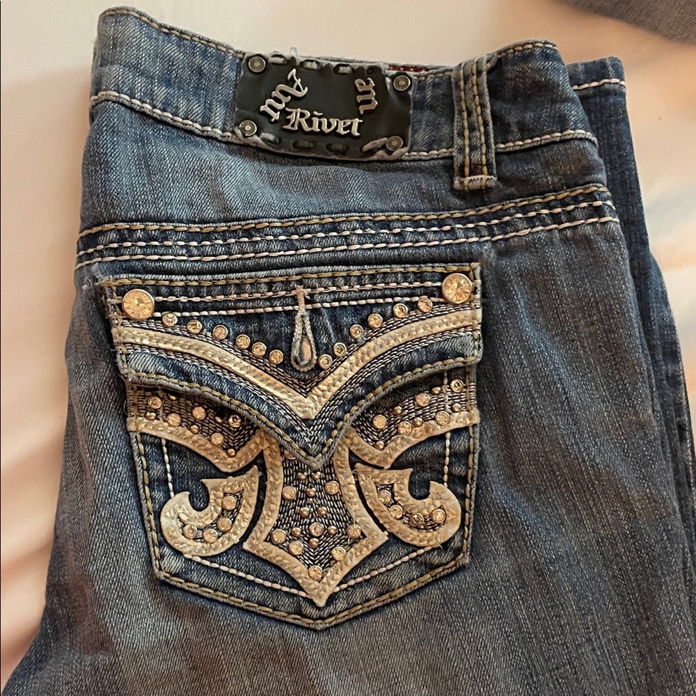 Rock Revival Dark Blue Embellished Women's Jeans with Gold Accents